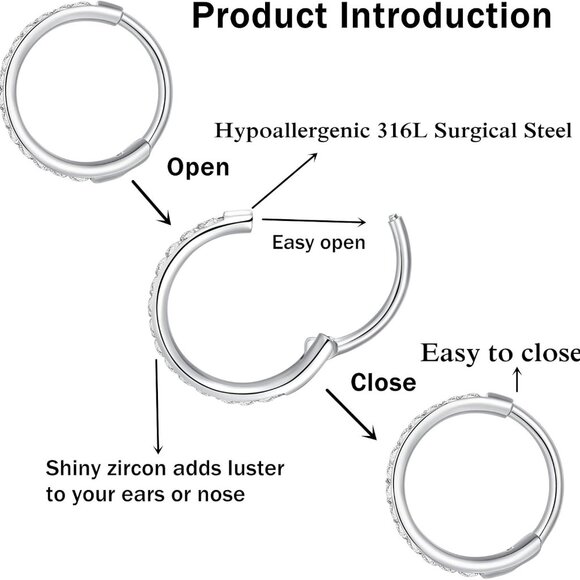 Nose Ring Hoop 8mm Silver Surgical Steel with Cubic Zirconia for Men Women - Picture 3 of 7